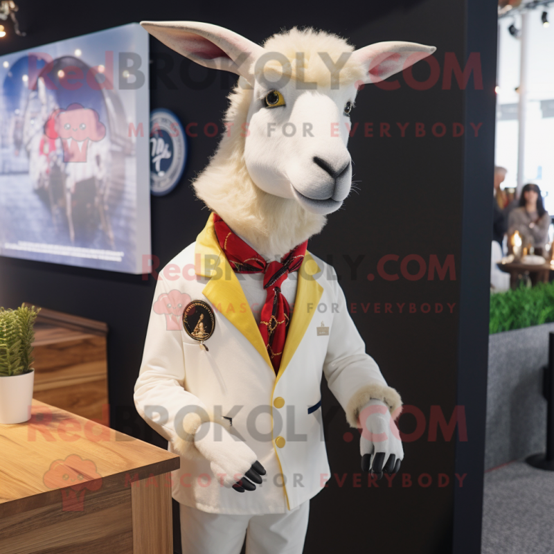Cream Goat mascot costume character dressed with a Blazer and Hairpins Cream Goat mascot costume character dressed with a Blazer and Hairpins
