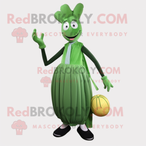 Forest Green Asparagus mascot costume character dressed with a Ball Gown and Shoe laces