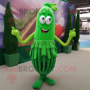 Forest Green Asparagus mascot costume character dressed with a Ball Gown and Shoe laces