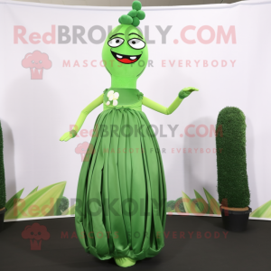 Forest Green Asparagus mascot costume character dressed with a Ball Gown and Shoe laces