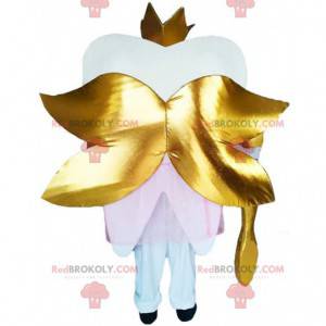 Gevleugelde tand mascotte met een kroon en een gouden borstel -
