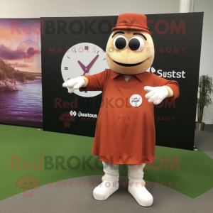 Rust Golf Ball mascot costume character dressed with a Maxi Dress and Digital watches