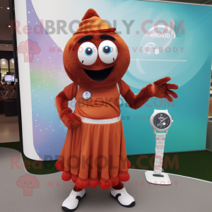 Rust Golf Ball mascot costume character dressed with a Maxi Dress and Digital watches