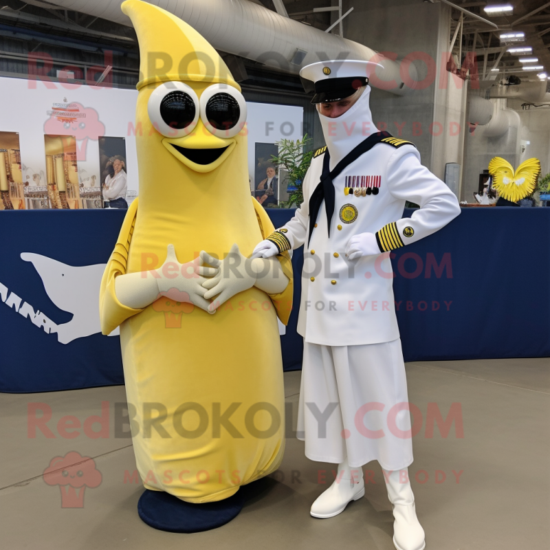 Navy Banana mascot costume character dressed with a Wedding Dress and Wraps