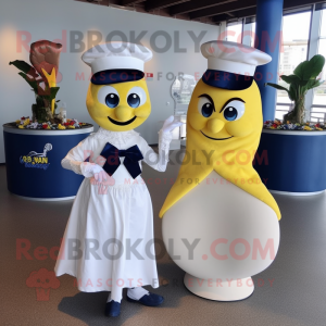 Navy Banana mascot costume character dressed with a Wedding Dress and Wraps
