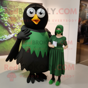 Forest Green Blackbird mascot costume character dressed with a Wrap Dress and Wraps
