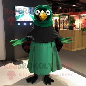 Forest Green Blackbird mascot costume character dressed with a Wrap Dress and Wraps