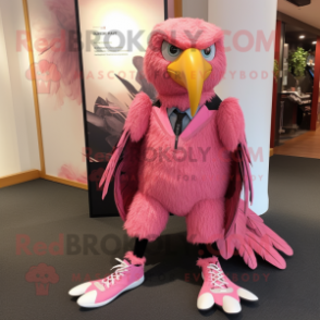 Pink Haast'S Eagle mascot costume character dressed with a Suit and Shoe laces