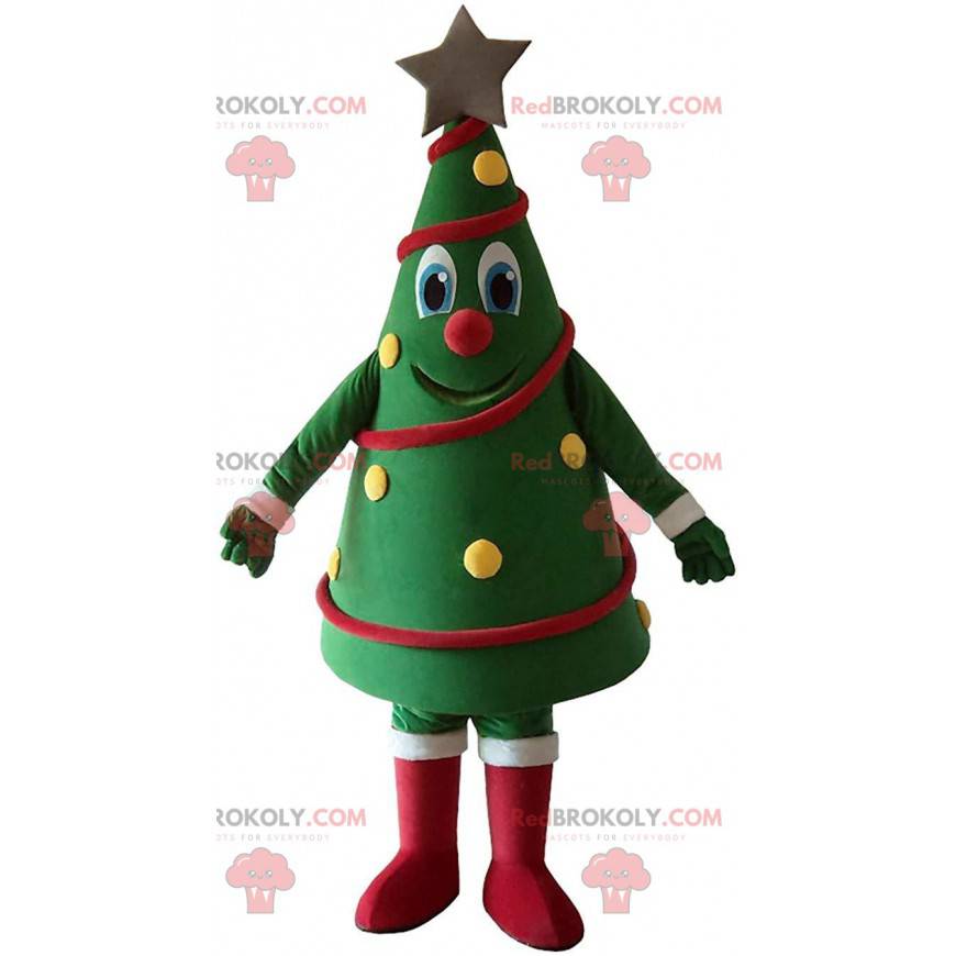 Kerstboom mascotte versierd en glimlachend, kerstkostuum -