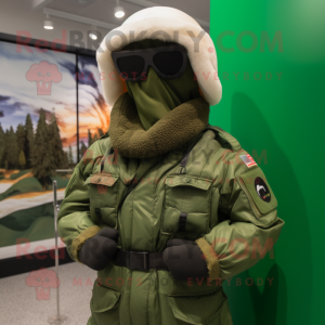 Forest Green Gi Joe mascot costume character dressed with a Parka and Scarves