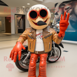Tan Lobster Bisque mascot costume character dressed with a Moto Jacket and Sunglasses
