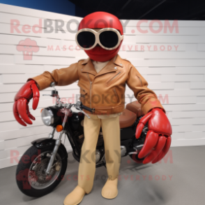Tan Lobster Bisque mascot costume character dressed with a Moto Jacket and Sunglasses