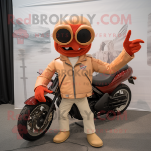 Tan Lobster Bisque mascot costume character dressed with a Moto Jacket and Sunglasses