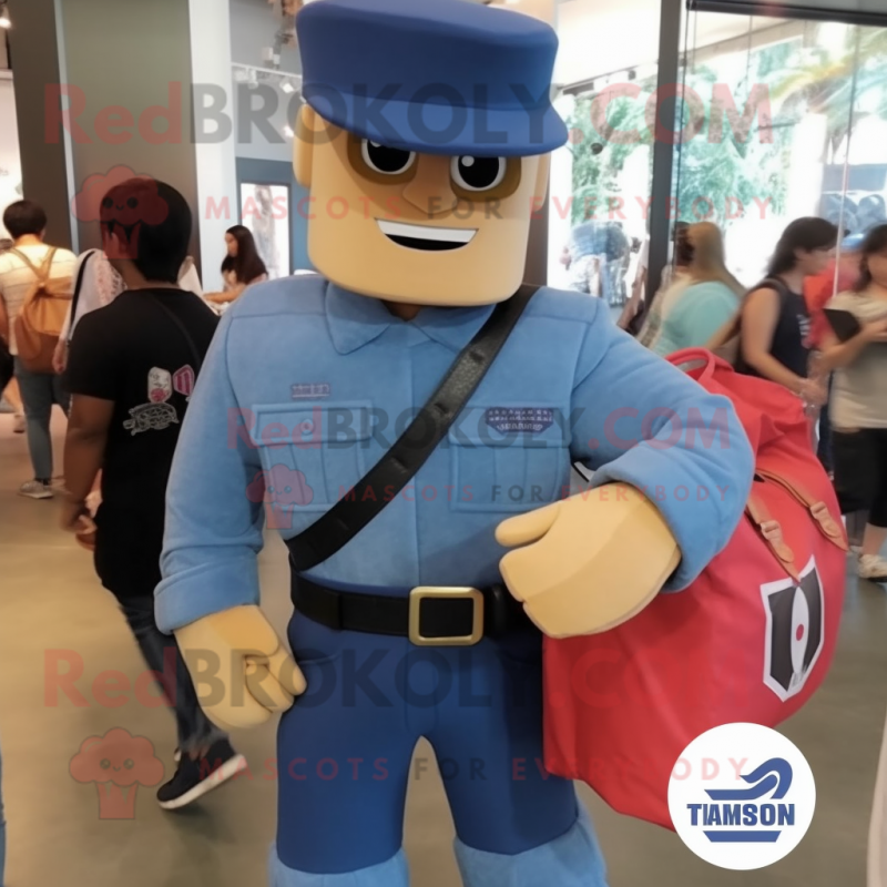 nan Gi Joe mascot costume character dressed with a Denim Shirt and Tote bags nan Gi Joe mascot costume character dressed with a Denim Shirt and Tote bags