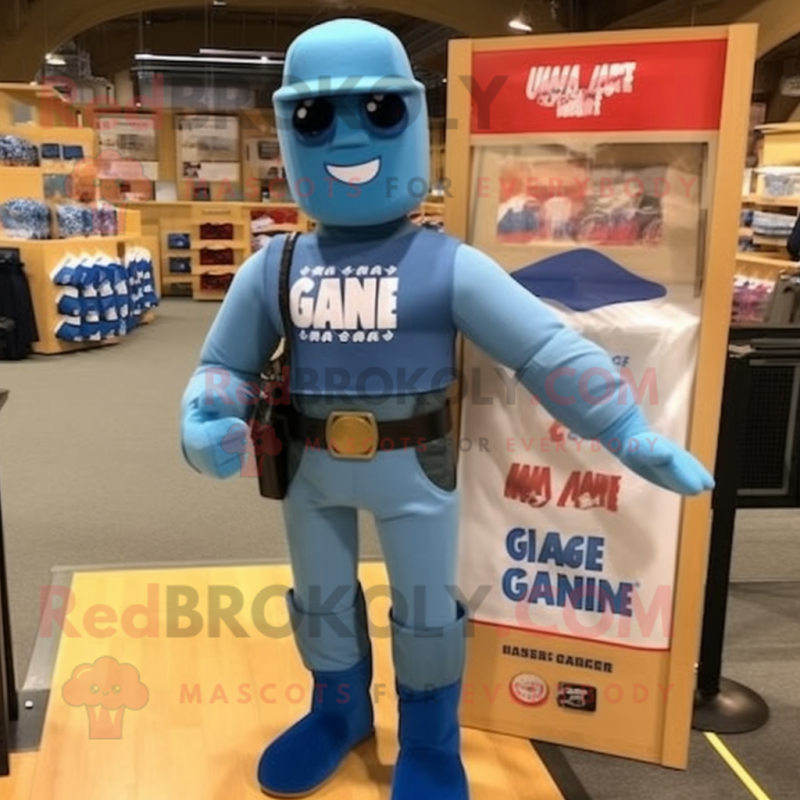 nan Gi Joe mascot costume character dressed with a Denim Shirt and Tote bags nan Gi Joe mascot costume character dressed with a Denim Shirt and Tote bags