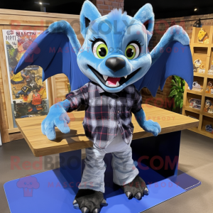 Blue Bat mascot costume character dressed with a Flannel Shirt and Shoe clips