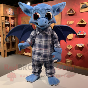 Blue Bat mascot costume character dressed with a Flannel Shirt and Shoe clips