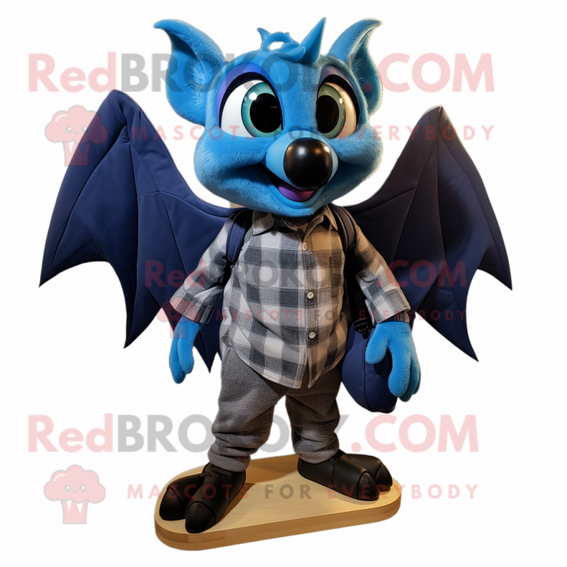 Blue Bat mascot costume character dressed with a Flannel Shirt and Shoe clips