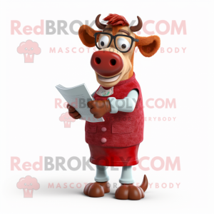 Red Guernsey Cow mascot costume character dressed with a Dress Shirt and Reading glasses