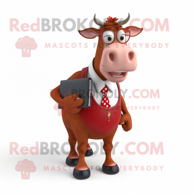 Red Guernsey Cow mascot costume character dressed with a Dress Shirt and Reading glasses