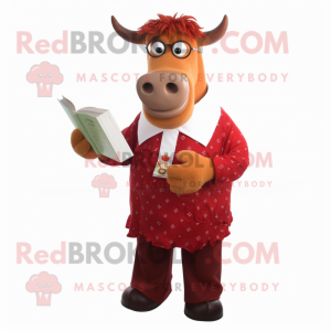 Red Guernsey Cow mascot costume character dressed with a Dress Shirt and Reading glasses