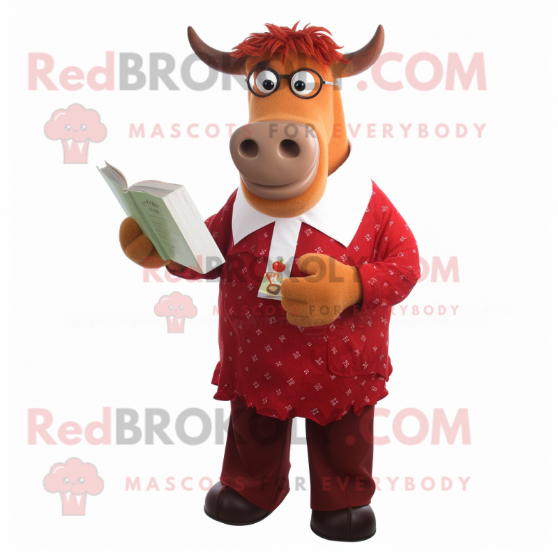 Red Guernsey Cow mascot costume character dressed with a Dress Shirt and Reading glasses Red Guernsey Cow mascot costume character dressed with a Dress Shirt and Reading glasses