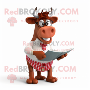Red Guernsey Cow mascot costume character dressed with a Dress Shirt and Reading glasses