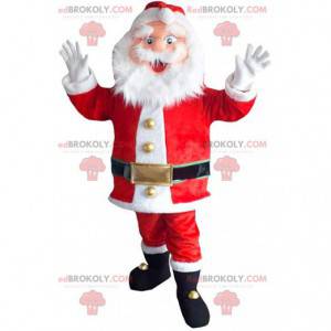 Mascote barbudo e jovial do Papai Noel em traje vermelho e