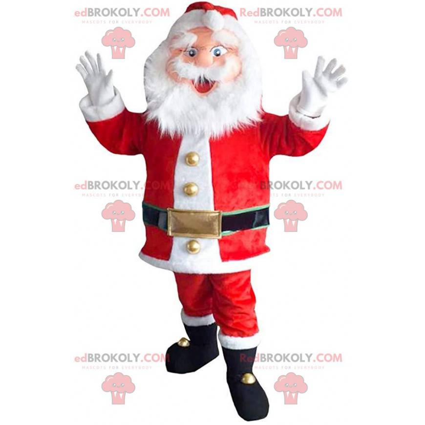 Skäggig och jovial jultomtenmaskot i röd och vit outfit -