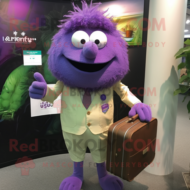 Purple Kiwi mascot costume character dressed with a Poplin Shirt and Briefcases