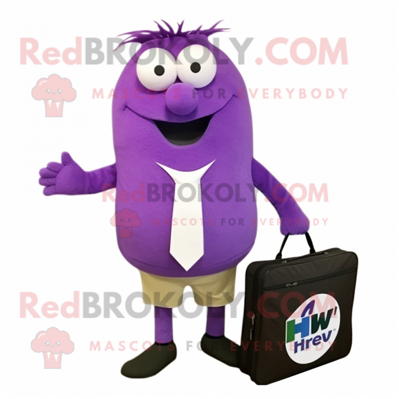 Purple Kiwi mascot costume character dressed with a Poplin Shirt and Briefcases