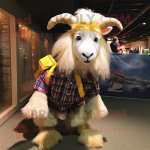 Gold Angora Goat mascot costume character dressed with a Flannel Shirt and Hair clips