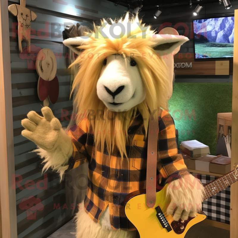 Gold Angora Goat mascot costume character dressed with a Flannel Shirt and Hair clips