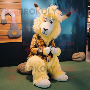 Gold Angora Goat mascot costume character dressed with a Flannel Shirt and Hair clips