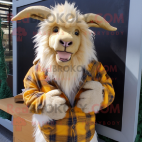 Gold Angora Goat mascot costume character dressed with a Flannel Shirt and Hair clips