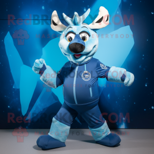 Blue Reindeer mascot costume character dressed with a Bomber Jacket and Anklets