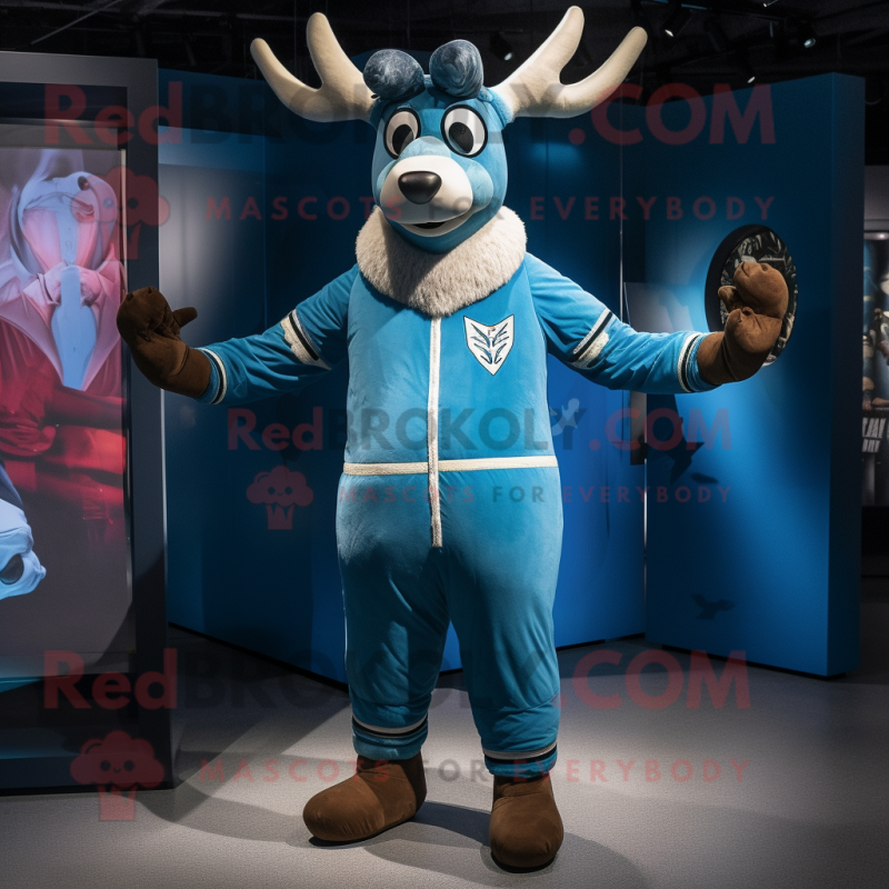 Blue Reindeer mascot costume character dressed with a Bomber Jacket and Anklets