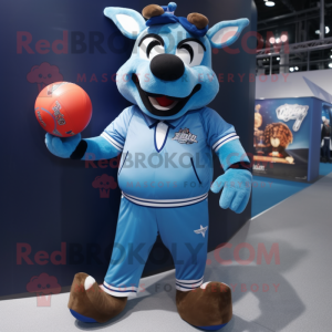 Blue Reindeer mascot costume character dressed with a Bomber Jacket and Anklets