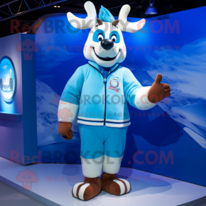 Blue Reindeer mascot costume character dressed with a Bomber Jacket and Anklets