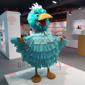 Teal Fried Chicken mascot costume character dressed with a Pleated Skirt and Hairpins