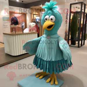 Teal Fried Chicken mascot costume character dressed with a Pleated Skirt and Hairpins