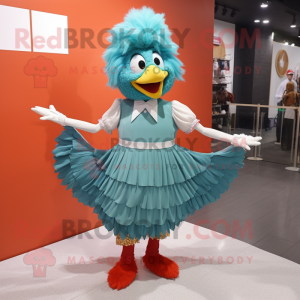 Teal Fried Chicken mascot costume character dressed with a Pleated Skirt and Hairpins