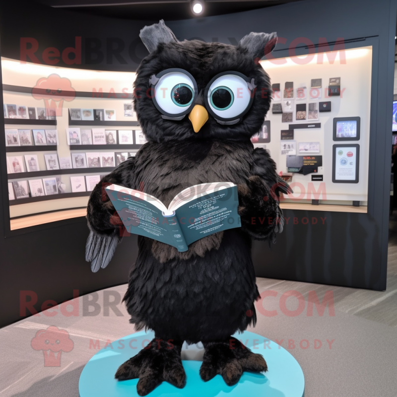 Black Owl mascot costume character dressed with a Shift Dress and Reading glasses