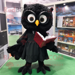 Black Owl mascot costume character dressed with a Shift Dress and Reading glasses