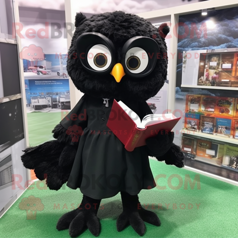 Black Owl mascot costume character dressed with a Shift Dress and Reading glasses