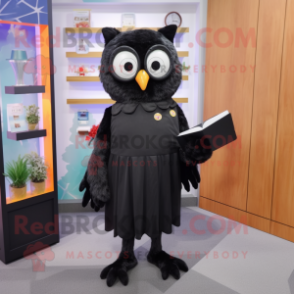 Black Owl mascot costume character dressed with a Shift Dress and Reading glasses