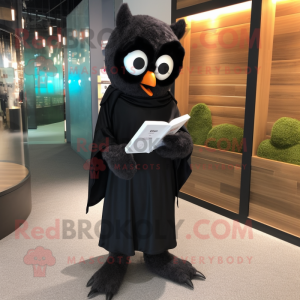 Black Owl mascot costume character dressed with a Shift Dress and Reading glasses
