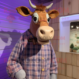 Lavender Guernsey Cow mascot costume character dressed with a Flannel Shirt and Lapel pins