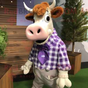 Lavender Guernsey Cow mascot costume character dressed with a Flannel Shirt and Lapel pins