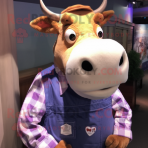 Lavender Guernsey Cow mascot costume character dressed with a Flannel Shirt and Lapel pins